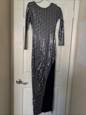 Olivaceous Silver Sequin Long-Sleeve Maxi Dress with Side Slit